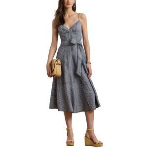 Lauren Ralph Lauren Womens Striped Belted Linen Sleeveless Dress 2 Blue NWT $265